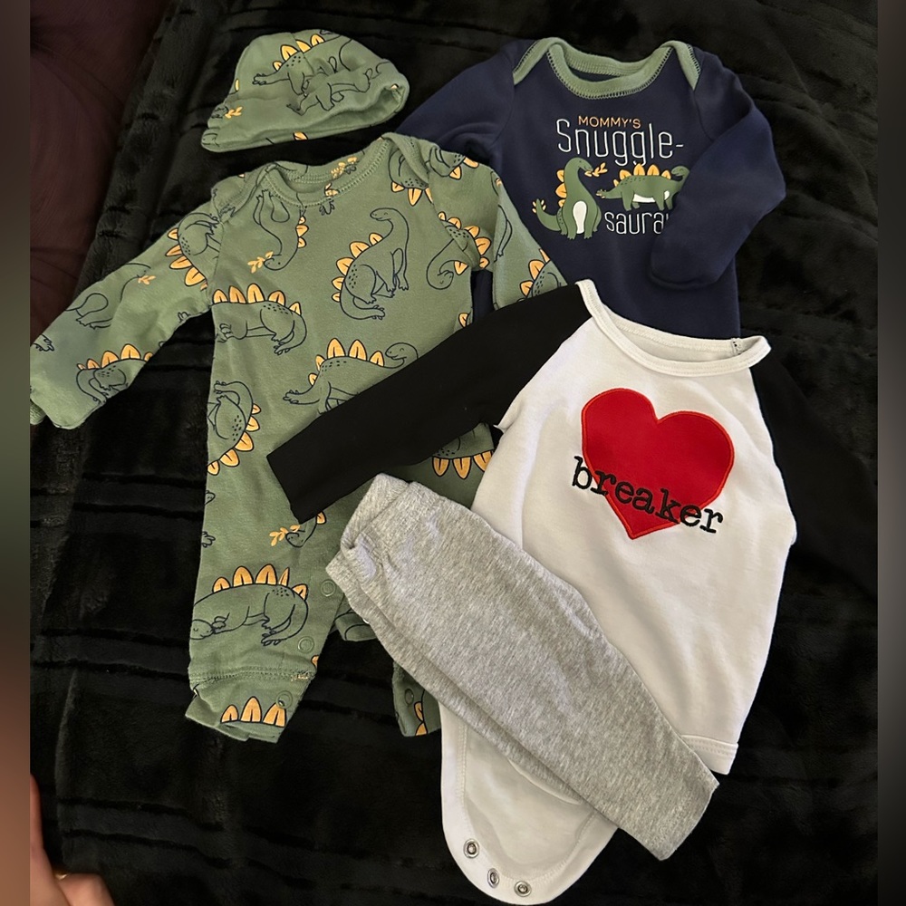 Bundle of 5: 2 dino suits with matching hat, heart breaker onesie and pants.